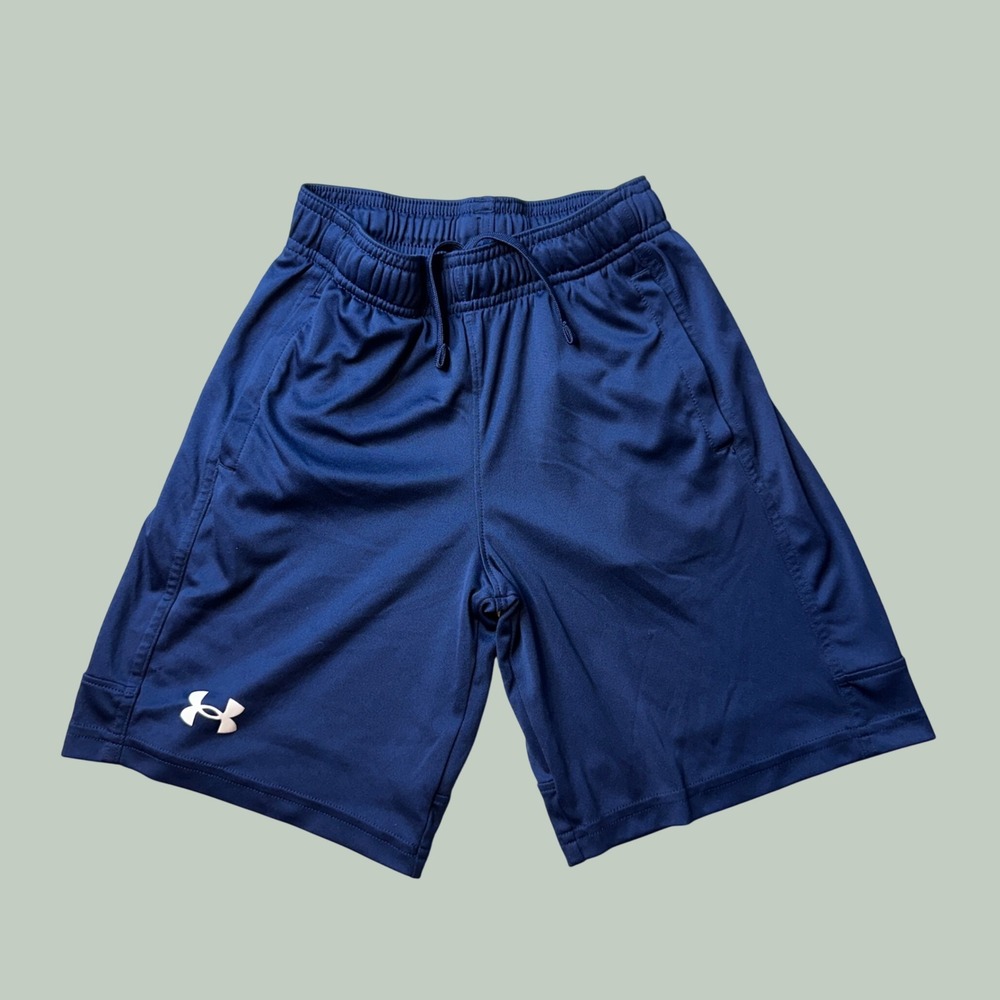Under Armour Athletic Shorts Kids Small Navy Blue Loose Fit Drawstring‎ Pocket